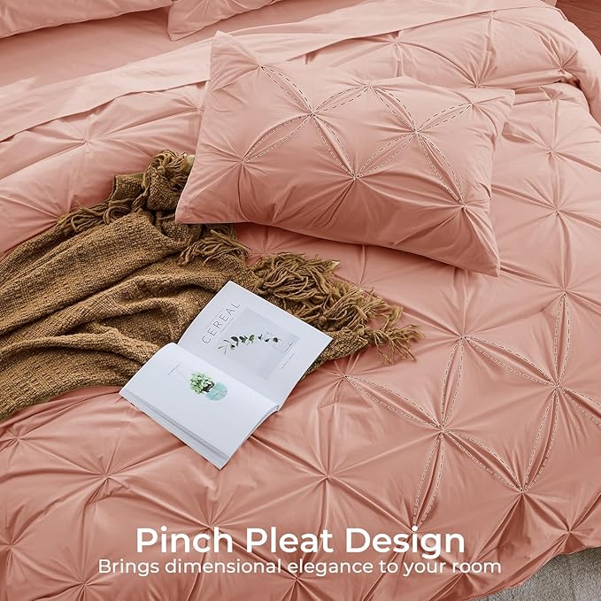 Sasttie California King Comforter Set, 7-Piece Bed in a Bag Cal King, Pintuck Bedding Set for All Season, Includes Comforter, Flat Sheet, Fitted Sheet, Pillowcases and Pillowshams, Blush