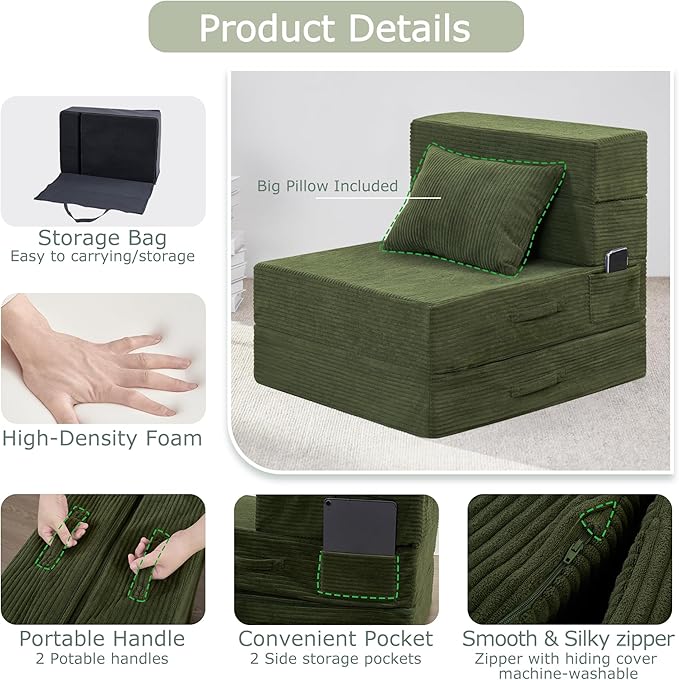 Folding Sofa Bed, 4 in 1 Convertible Sleeper Chair with Pillow, Single Memory Foam Fold Out Chair Bed, Modern Floor Futon Sofa Couch Mattress for Living Room/Guest/Apartment, Green