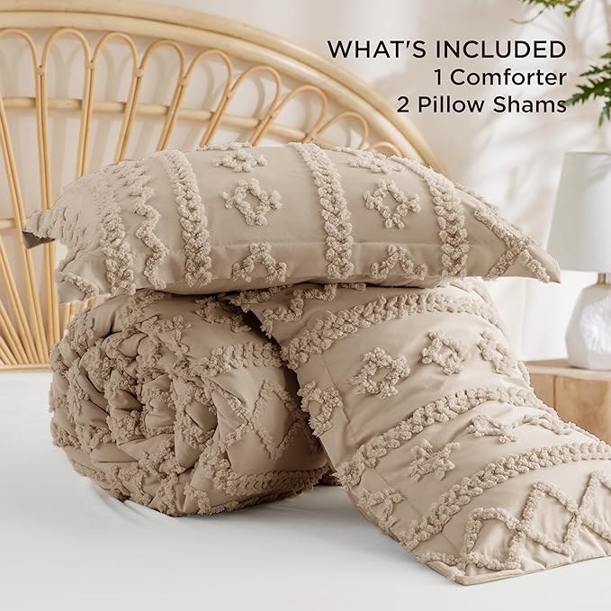 Bedsure Tufted Boho Comforter Set Full Size - Khaki Boho Bed Set, GentleSoft™ 3 Pieces Farmhouse Shabby Chic Embroidery Bedding, Gifts for Woman, Soft Jacquard Full Comforter for All Seasons