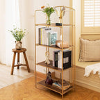 Crofy No Assembly Folding Bookshelf for Living Room, 4 Tier Gold Collapsible Book Shelf for Home Office, Portable Bookcase Storage Organizer