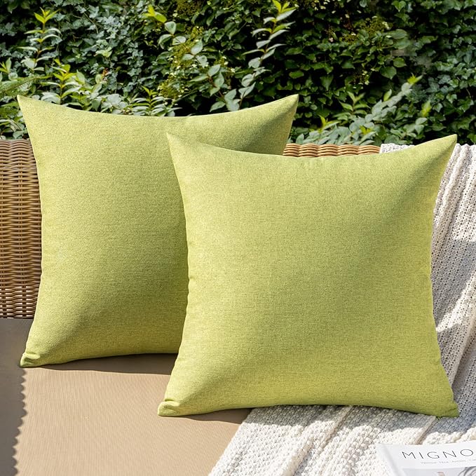 MIULEE Pack of 2 Decorative Outdoor Solid Waterproof Throw Pillow Covers Spring Euro Sham Faux Linen Garden Farmhouse Cushion Cases for Patio Tent Balcony Couch Sofa 24x24 Inch Moss Green