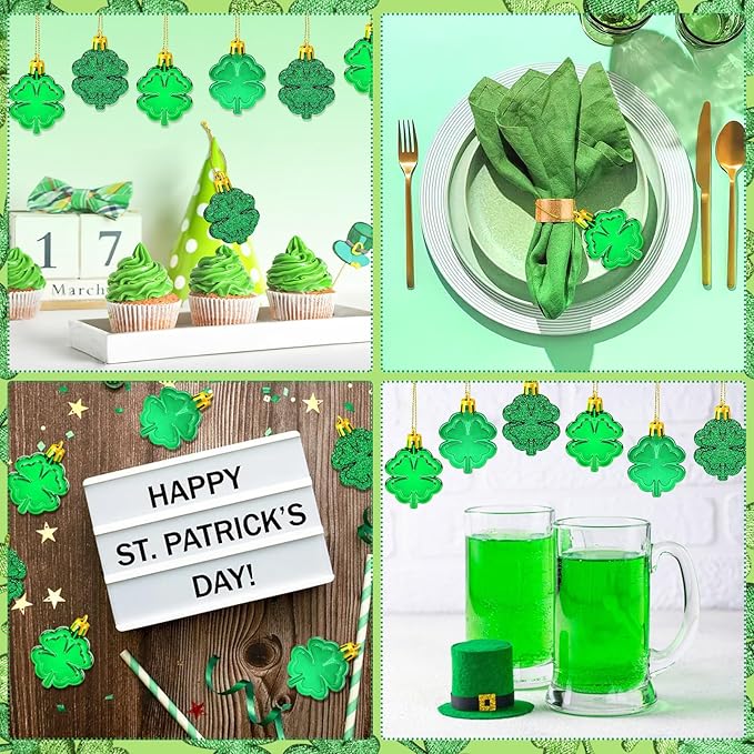JULMELON 24 PCS St Patricks Day Four Leaf Clover Ornaments for Tree, Mini Green Lucky Four Leaf Shamrock Hanging Irish Saint Patricks Day Tree Decorations for Home Kitchen Party Decor