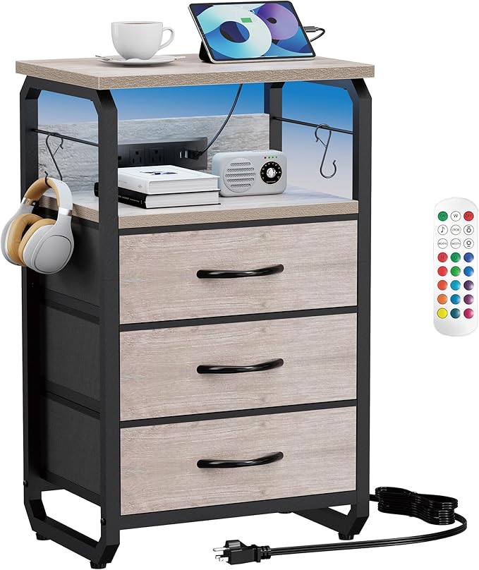 Bed Side Table with 3 Fabric Drawers, Night Stand with Charging Station, LED Nightstand with Hooks, Bedside Table End Tables with Storage, Night Tables for Living Room, Bedroom (Beige)