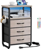 Bed Side Table with 3 Fabric Drawers, Night Stand with Charging Station, LED Nightstand with Hooks, Bedside Table End Tables with Storage, Night Tables for Living Room, Bedroom (Beige)