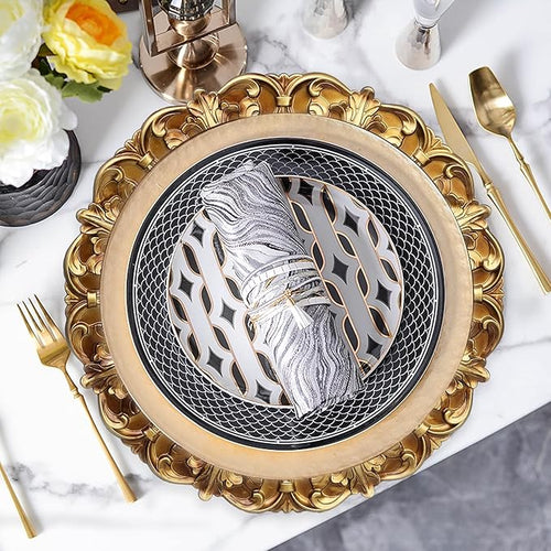 13" Antique Gold Charger Plates, Set of 6 Plastic Textured Chargers for Dinner Plates with Embossed Rim, Table Décor, Party, Wedding, Holiday