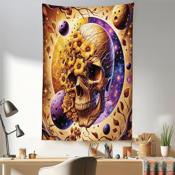 Ambesonne Trippy Tapestry, Neo Traditional Floral Ornate Skull with Earthy Leaves Space Scenario, Fabric Wall Hanging Decor for Bedroom Living Room Dorm, 30" X 45", Apricot Blue Violet Taupe