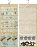 GMAK Hanging Jewelry Organizer with Hanger Metal Hooks, Double-Sided Jewelry Holder Accessories Organizer Storage Roll for Jewelry, Earrings, Bracelets, Necklaces, Rings - Beige
