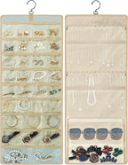 GMAK Hanging Jewelry Organizer with Hanger Metal Hooks, Double-Sided Jewelry Holder Accessories Organizer Storage Roll for Jewelry, Earrings, Bracelets, Necklaces, Rings - Beige