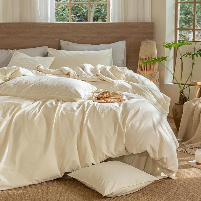 MooMee Wavy Striped Duvet Cover Set 100% Washed Cotton Linen Like Textured Breathable Durable Soft Comfy (Cream White, Cal King 104"x98")