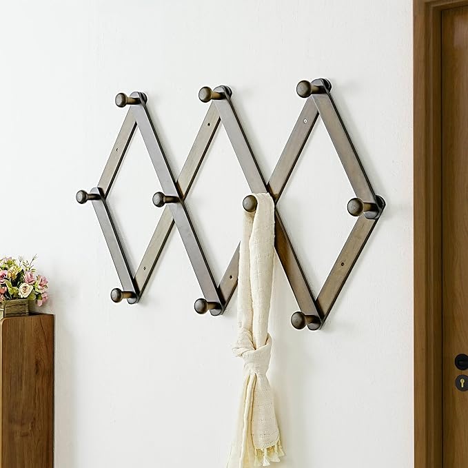 Dseap Expandable Coat Rack (Larger Version) - 24” High, Anti-Slip, Ultra Heavy Duty Wooden Accordian Wall Hanger with 10 Study Peg Hooks for Clothing Hats Jackets Bags, Dark Walnut
