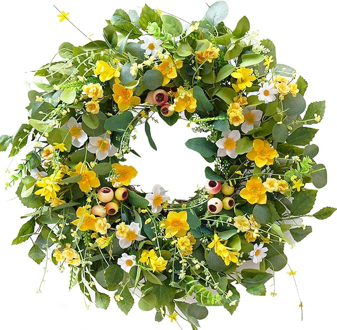 Spring Summer Wreath for Front Door, 23 inch Artificial Floral Wreaths with Green Leaves Daisy Realistic Berry Narcissus for Porch Patio Garden, Indoor Outdoor door Wall Decor Party Holiday Decoration