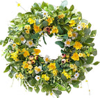 Spring Summer Wreath for Front Door, 23 inch Artificial Floral Wreaths with Green Leaves Daisy Realistic Berry Narcissus for Porch Patio Garden, Indoor Outdoor door Wall Decor Party Holiday Decoration