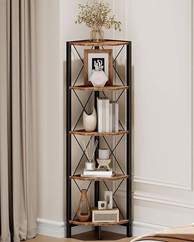 5-Tier Corner Shelf, Corner Bookcase, 55.2" Tall Vertical Display Rack, Plant Stand, Open Storage Shelf, for Living Room, Bedroom, Study, Kitchen, Rustic Brown and Black TCJ12BF