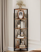 5-Tier Corner Shelf, Corner Bookcase, 55.2" Tall Vertical Display Rack, Plant Stand, Open Storage Shelf, for Living Room, Bedroom, Study, Kitchen, Rustic Brown and Black TCJ12BF