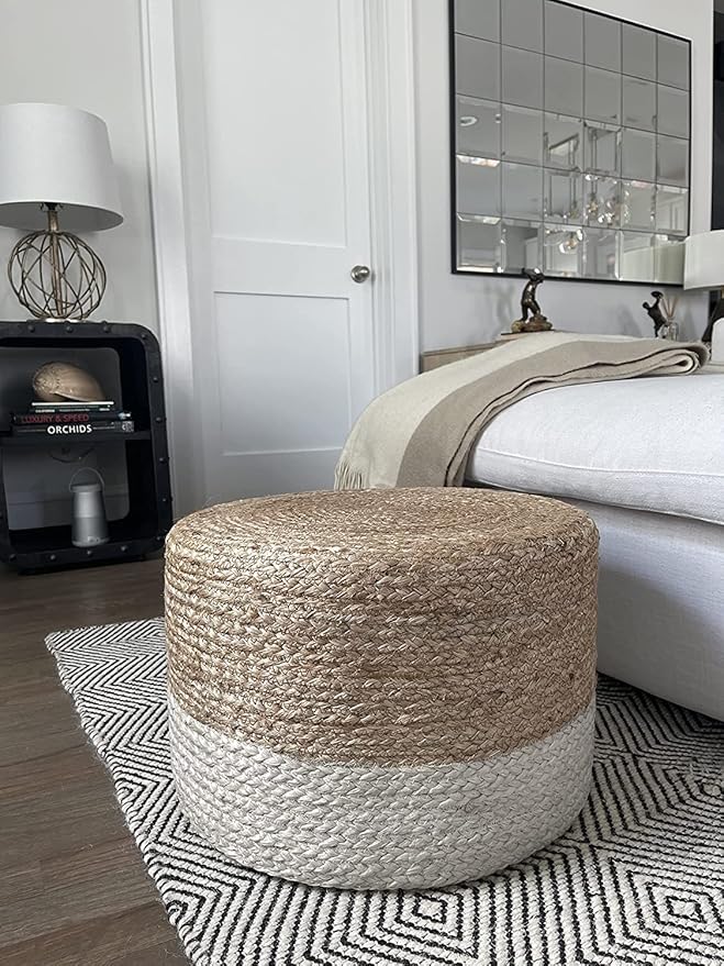 Scandilivin Homes Pouf Ottoman - 100% Jute Braided Footrest Pouf Hand Knitted Traditional Cord Boho Pouffe for Living Room, Bedroom, Nursery, Patio, Lounge Colorblock - Natural Ivory (20”x20”x10”)