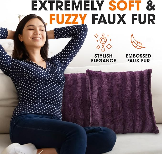 Cheer Collection Faux Fur Throw Pillows - Decorative Pillows for Couch, Bed Throw Pillows, Purple Accent Pillows for Bedroom or Living Room Aesthetic, Set of 2 Furry Throw Pillows, 18”x18”