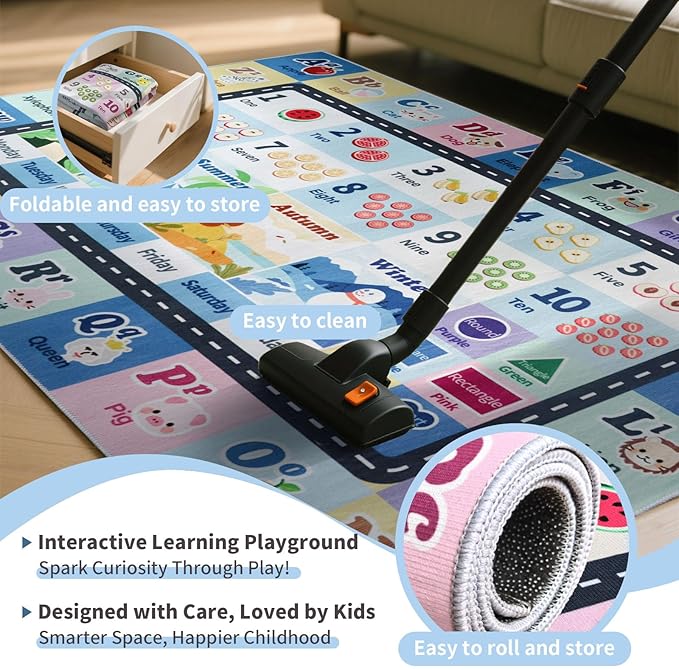 Kids ABC Rug for Playroom, Classroom Alphabet Area Carpet Playmat,Washable Toddler Mat for Baby Room,Play Room,Bedroom,Floor,Nursery (Blue,6'x9')