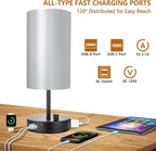 HiBay 2-Pack 17.75" Dimmable Bedside Table Lamps with 2 USB Charging Ports & AC Outlet, Industrial Black Nightstand Lights with Silver-Gray Shade for Living Room Dorm Office, Bulb Included