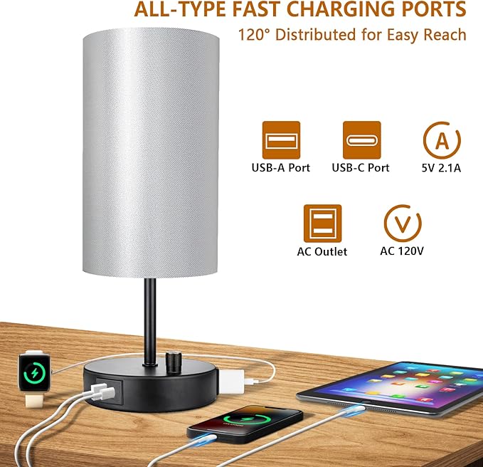 HiBay 17.75" Dimmable Bedside Table Lamp with Charging Station - 2 USB Ports & AC Outlet, Industrial Black Nightstand Light with Silver-Gray Shade for Living Room Dorm Office, Bulb Included