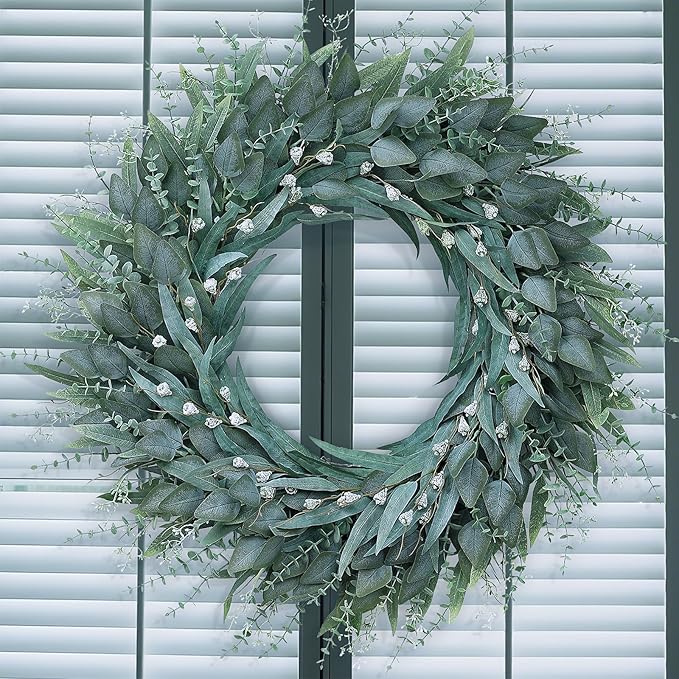 32" Eucalyptus Wreath for Front Door - Large Artificial Greenery Outdoor Wreath for Porch, Window,Farmhouse,Home,Holiday,Hanging Decor- Spring, Summer, Fall, All Seasons (Green)