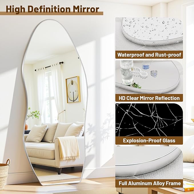Antok Full Length Mirror, 68"x26" Floor Mirror with Stand, Standing Hanging Leaning Irregular Mirrors for Bedroom Living Room Entryway, Wavy Shaped, Silvery