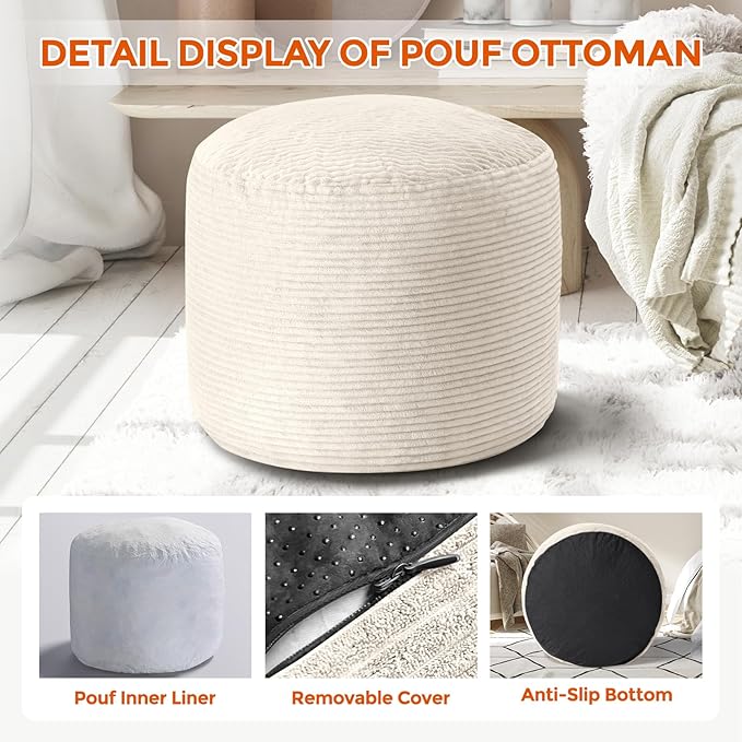 Pouf Ottoman Foot Rest, Comfortable & Soft, Round Footstool for Living Room, Bedroom, Office, Room Decoration, Corduroy Foot Stool Pouf with Odorless & Anti-Clump Filling, Large Beige