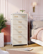 Crestlive Products Vertical Dresser Storage Tower - Sturdy Steel Frame, Wood Top, Easy Pull Fabric Bins, Wood Handles - Organizer Unit for Bedroom, Hallway, Entryway, Closets - 7 Drawers (Beige)