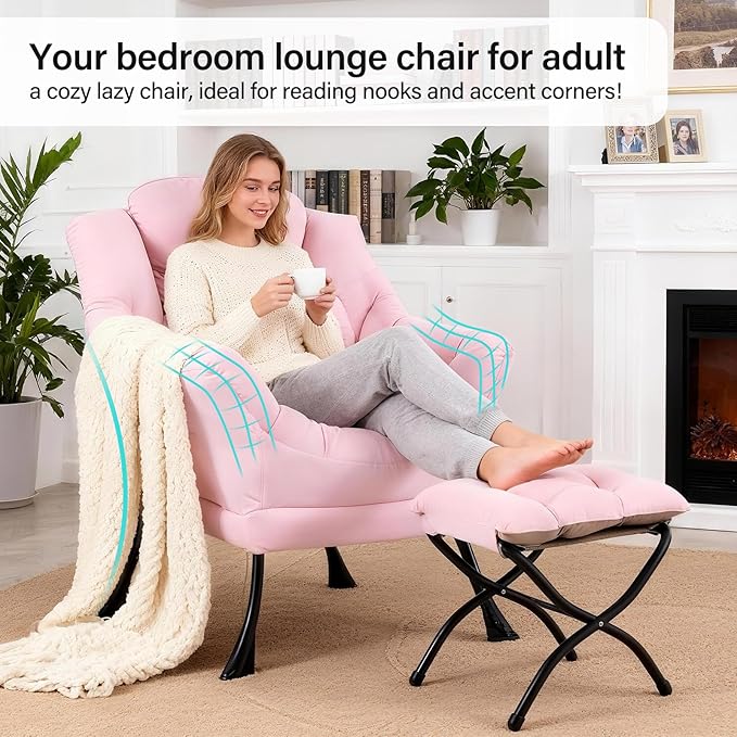 Lazy Chair with Ottoman, Modern Accent Chair with Lumbar Pillow, Pink Sofa, Lounge Chairs with Folding Footrest, Oversized Supportive Chairs for Bedroom, Reading