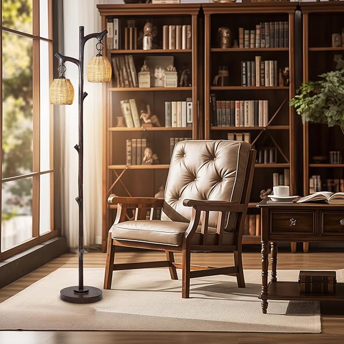 Scenekoy 68" High Farmhouse Rustic Country Cottage Floor Lamp Tree Trunk Faux Wood Column Dark Bronze Wicker Drum Shade Decor for Living Room Bedroom Reading Room