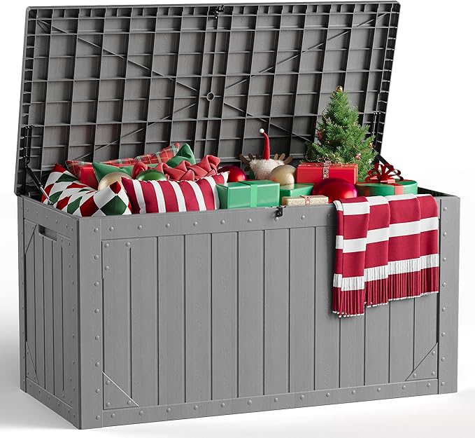 Outdoor Storage Box, 100 Gallon Deck Box Outdoor Storage Bench Outside Waterproof Resin Storage Bench, Lockable Patio Cushions, Garden Tools Storage For Furniture, UV Resistant(Gray)
