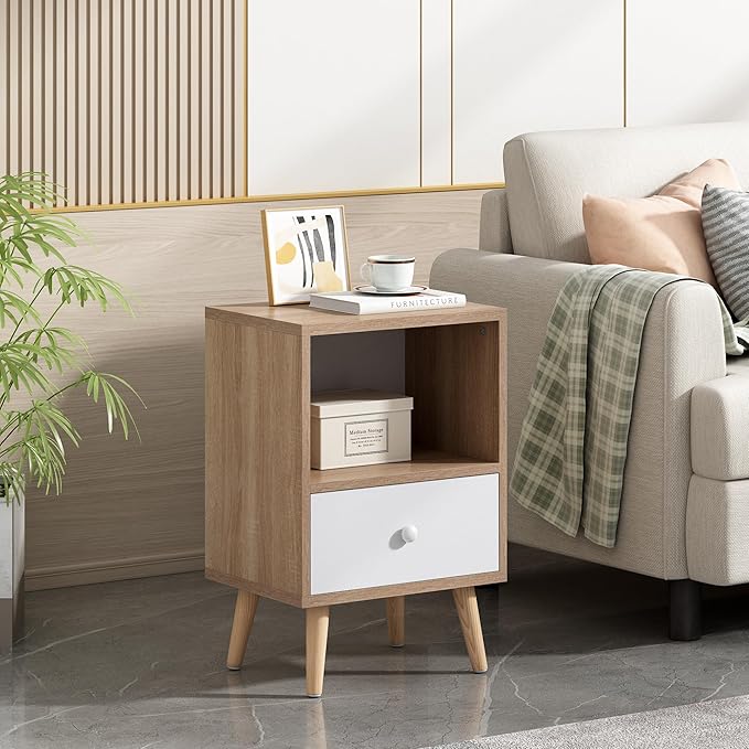 JAXPETY Nightstands Set of 2, Night Stand with Drawer and Open Storage Shelf, Bedside Tables with Solid Wood Legs, End Table, Side Table, for Bedroom (Natural)