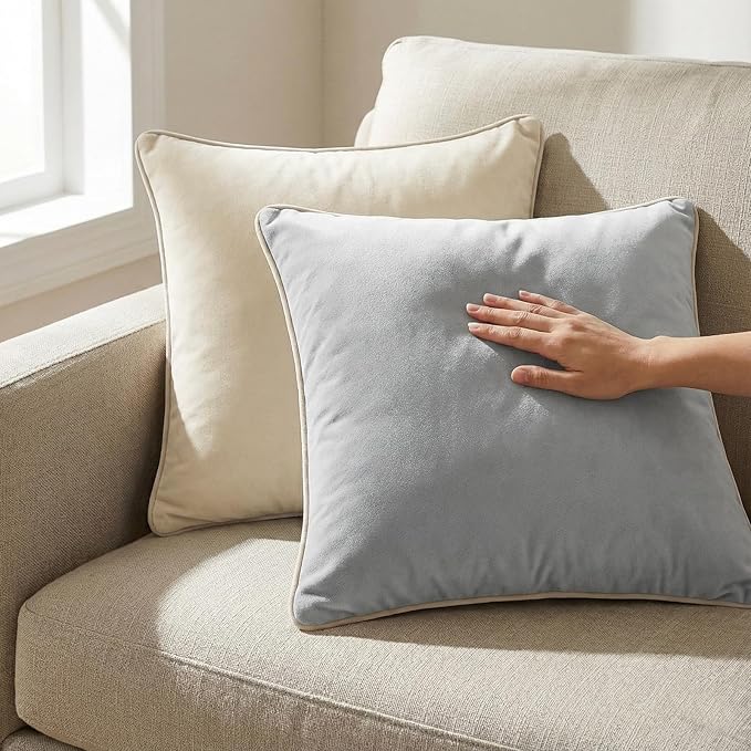 Mecatny Set of 4 Velvet Throw Pillow Covers 20x20, Soft Neutral Accent Decorative Couch Pillow Covers for Sofa Bedroom Living Room, Grey/Beige