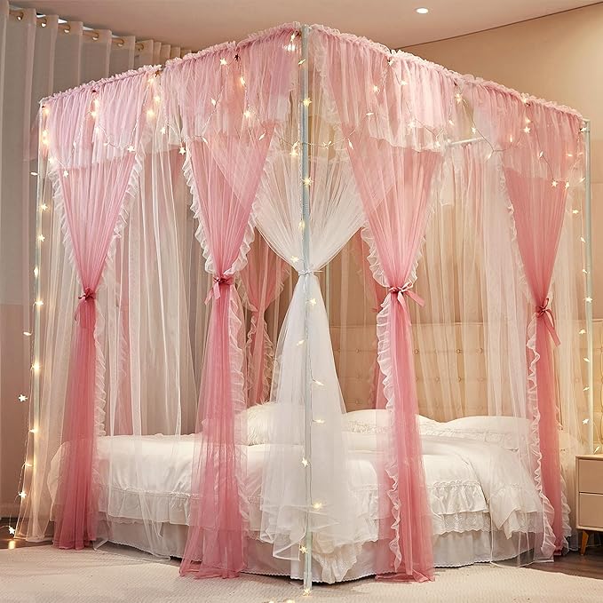 4 Corners Post Princess Curtains Bed Canopy for Girls 8 Panels Curtain- Double Layer Sheer Mesh Canopies Drapes Girls Room Decor (8P-Pink/White, 4P(43"x82") W+4P(43"x82") L/(King))