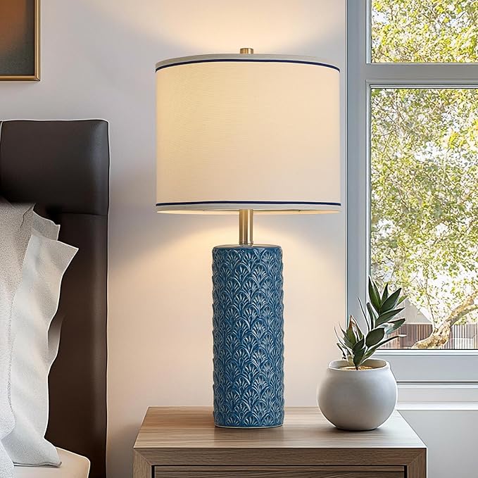 27" Farmhouse Bedside Table Lamp Set of 2, Bule Modern Ceramic Lamps for Living Room, 3 Color Temperature Rustic Table Lamps for Bedroom, Night Stands, Dorm,Office, Home Décor (Bulb Included)