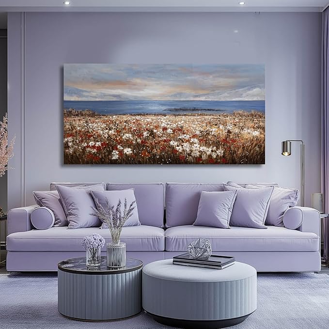 GAIDUOMAI Coastal Wall Art Wildflower Mountain Canvas Picture for Living Room Office Contemporary Art 24"x48" Neutral Wall Hanging Decor for Home