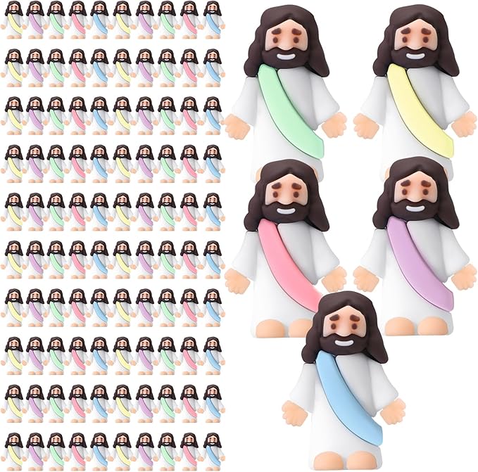 Bememo 100 Pcs Jesus Toys Original Design Mini Rubber Little Jesus Figurine to Hide and Seek Religious Party Favors Sunday School Craft Baptism Gifts for Easter Egg Stuffers (Macaron Color)