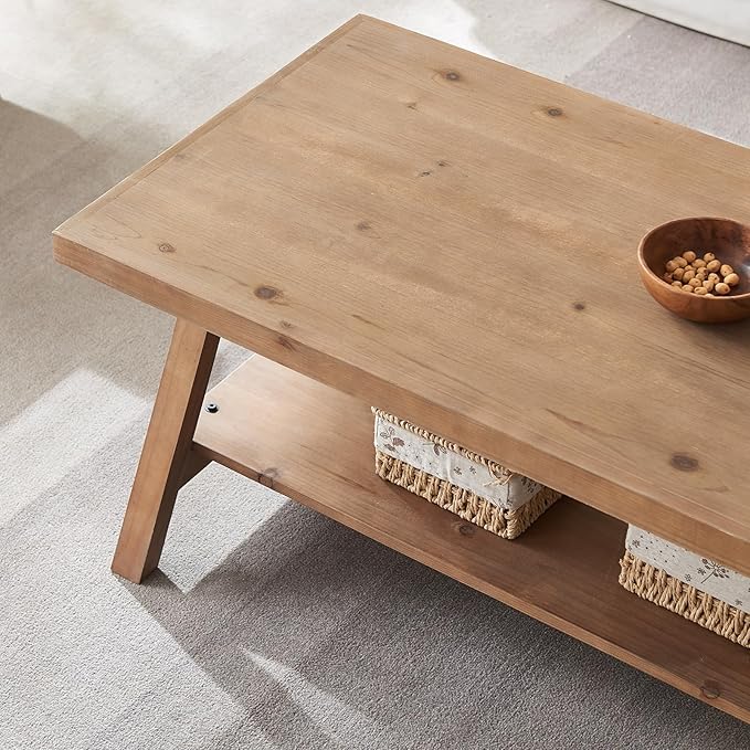 Farmhouse Coffee Table,Solid Wood Center Tables with Storage Shelves & Sturdy A-Shaped Legs, Modern Rustic 2-Tier Rectangular Table for Living Room and Office, Natural