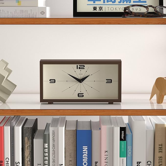 JONES CLOCKS® 'Odeon' Desk Clock | Modern Rectangular Design in Brown, Stylish Retro Look for Shelf, Table, Mantel or Bedside
