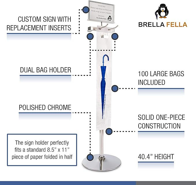Umbrella Bag Wrapper Station with Sign Frame - Wrap Umbrellas for Rain - Be Safe, Wrap it up! - 100 Long Bags Included
