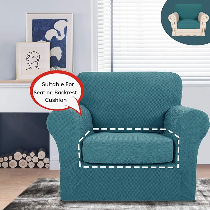 YEMYHOM Stretch Individual Cushion Covers Sofa Chair Seat Cushion Slipcovers Soft Couch Cover Replacement Large Checkered Furniture Protector with Elastic Bottom (1 Pc Cushion Cover, Peacock Blue)