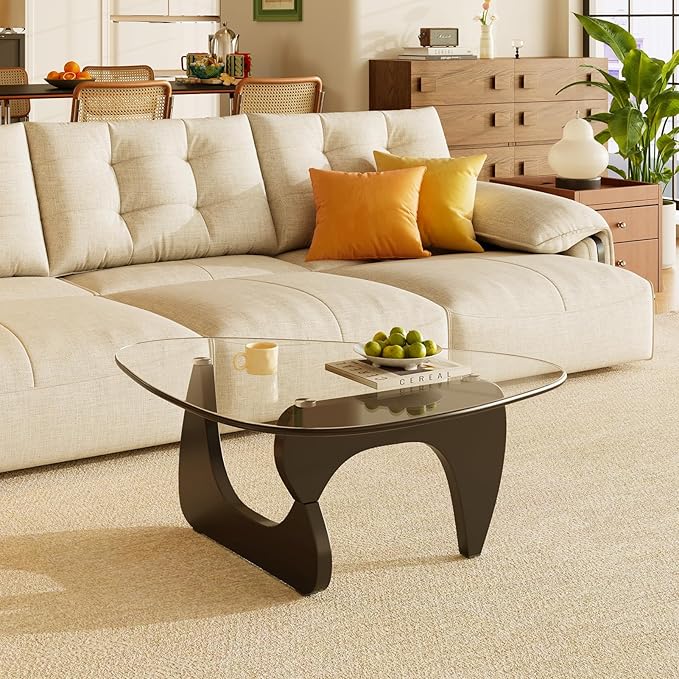 Coffee Tables Glass Small Farmhouse Coffee Table Mid-Century Modern Wood Center Table for Living Room, Black Transparent, 45 Inch