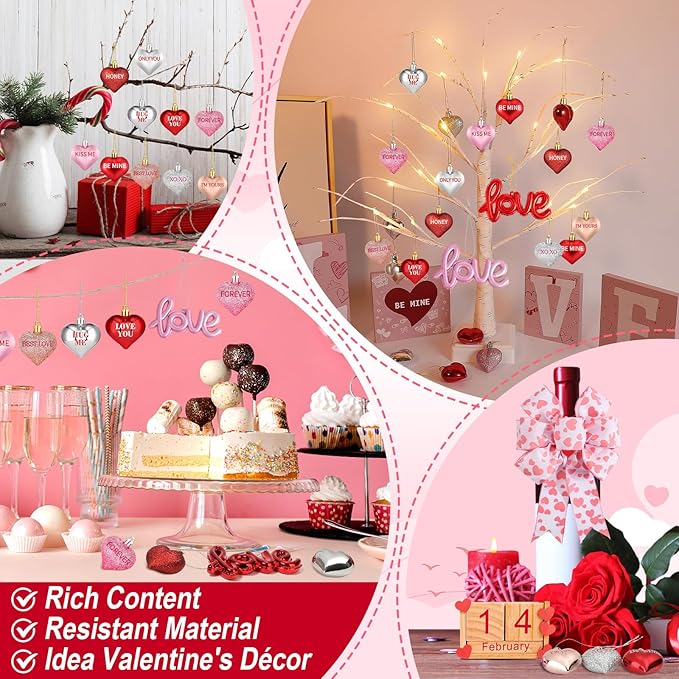 43Pcs Valentine's Day Heart Shaped Ornaments with Valentine Tree Topper Bow, 13 Styles Heart Shaped Ornament with Sweet Love Words, Valentine Ornaments for Tree Wedding Anniversary Decoration
