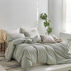 MooMee Striped Duvet Cover Set 100% Washed Cotton Linen Like Textured Breathable Durable Soft Comfy (Sage Green White Wide Stripes, King 104"x90")