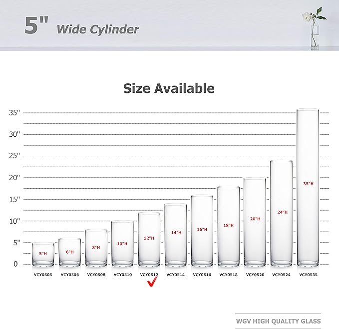 WGV Quality Thick Cylinder Vase, Diameter 5", Height 12", Clear Glass Floral Planter Container, Tall Centerpiece Arrangement for Wedding Home Decor, 1 Piece