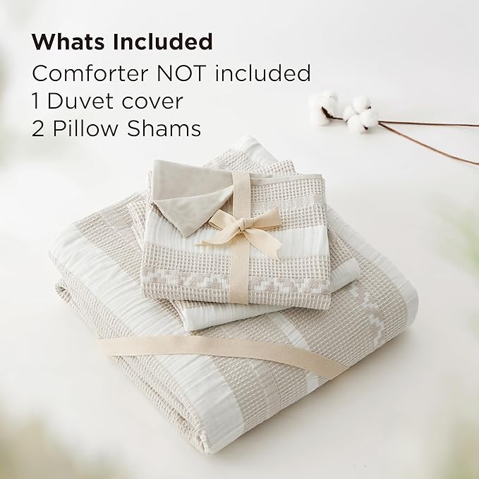 Bedsure Waffle Weave Duvet Cover King - 100% Cotton Boho Duvet Cover with 2 Pillowcases - Linen Color Textured Comforter Cover with Zipper Closure (King, 104"x90")