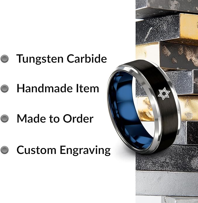 Mezuzah star Of David Ring - Gift for Jewish Family - Flat Dome Bevel - 8mm - Men Women - Yellow Gold Black Silver Blue - Anniversary Wedding - Personalized Custom Engraving - Band - Brushed Polished