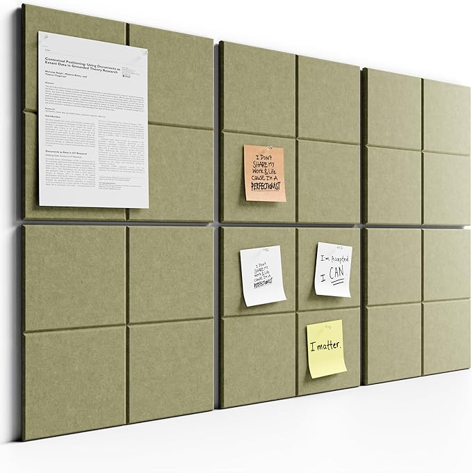 Bumusty Large Felt Bulletin Board, 36" x 24" Cork Board Alternative, 6-Pack Wall Tiles with 4-Compartment Design, 30 Push Pins, 40 Adhesive Tabs, Ideal for Office & Home Decor, Olive Green