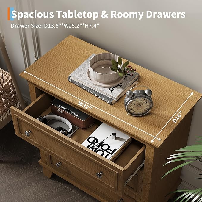 GarveeHome Brown 3 Drawer Dresser for Bedroom, Wide Chest of Drawers with Vintage Handle, Modern Wood Dresser Wide Nightstand Cabinet for Living Room