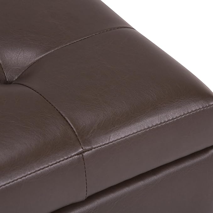 SIMPLIHOME Cosmopolitan Storage Ottoman - 34 inch Wide Upholstered Vegan Leather Rectangle Storage Ottoman Bench in Chocolate Brown, Transitional Tufted Ottoman for Living Room with Lift-Up Lid