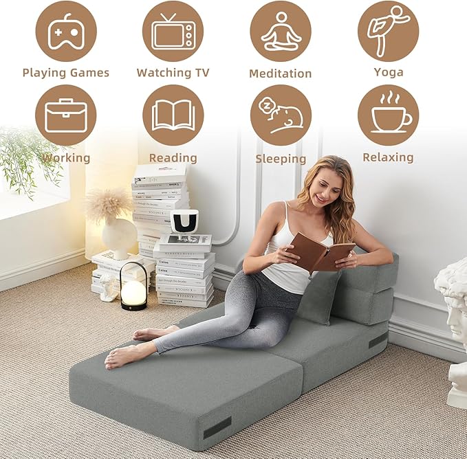 FILUXE Convertible Folding Sofa Bed-Sleeper Chair with Pillow, Modern Linen Fabric Floor & Futon Couch, Foldable Mattress for Living Room/Dorm/Guest Use/Home Office/Apartment, Single Size, Light Gray
